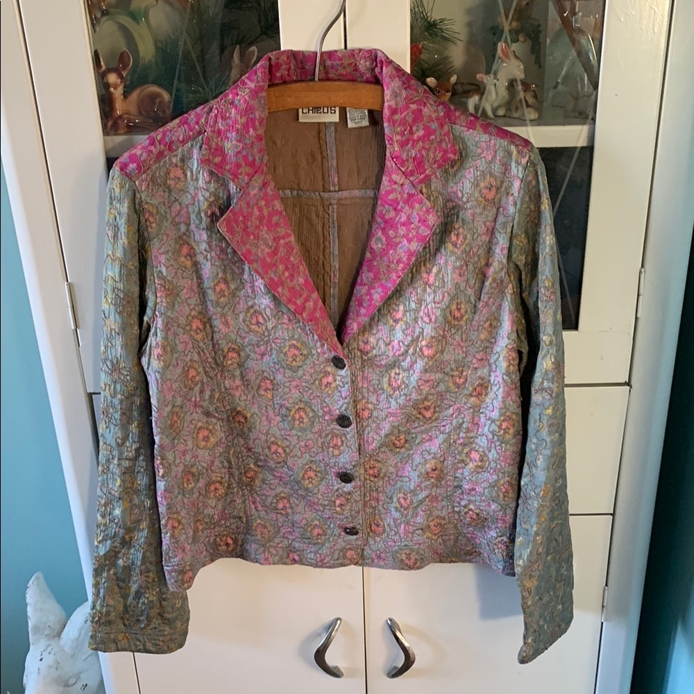 Chico's Pink and Gray Jacket sz 0 (S) euc silk floral embroidered lightweight